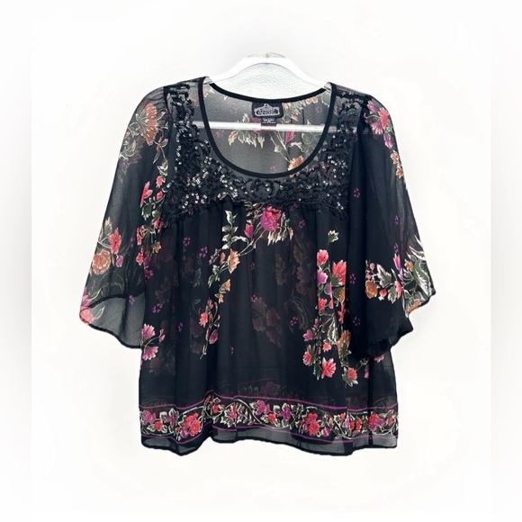 Angie Tops - Angie Top Women S Black Multi Floral Sheer Sequined Whimsigoth Boho Fairy